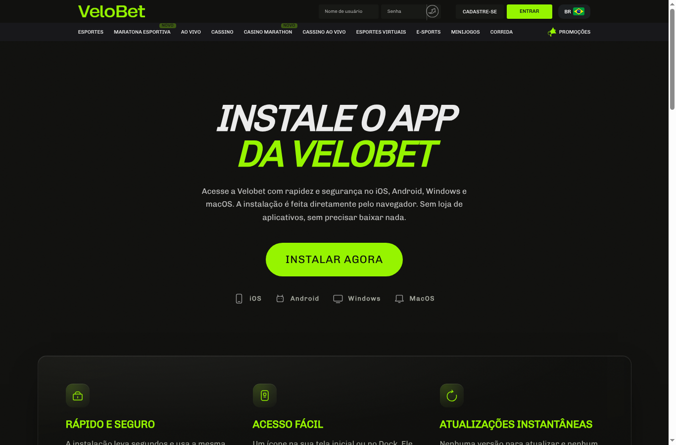 Página de instalação do app no site da Velobet, com as abas iOS, Android, Windows e MacOS